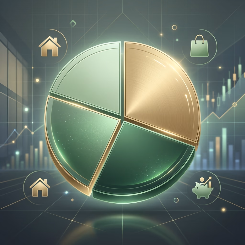 A minimalist digital illustration of a pie chart divided into three sections symbolizing the 50-30-20 budget rule.