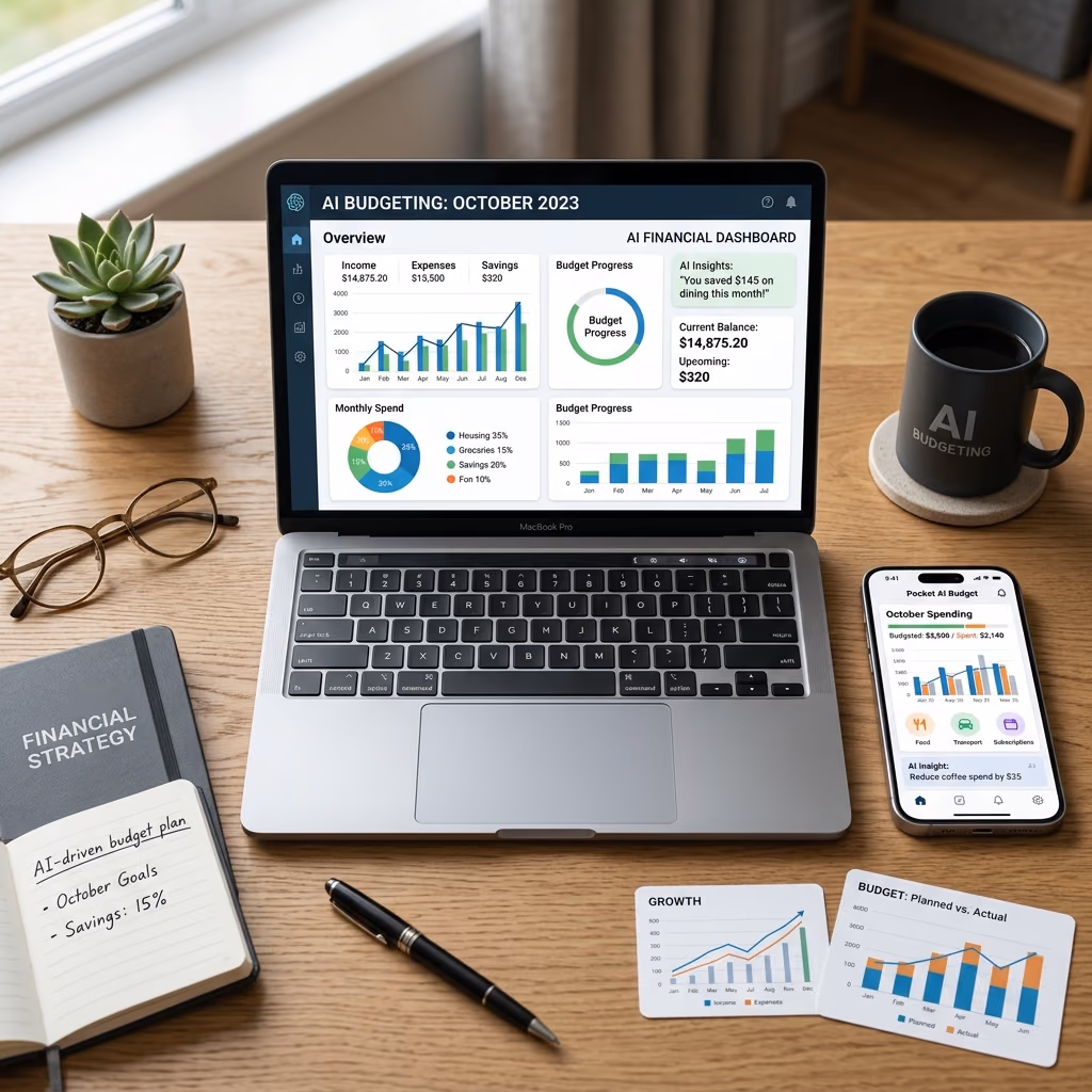 A premium flat lay image showing a sleek laptop displaying a financial dashboard, a smartphone, and modern budgeting visuals, representing AI budgeting tools.