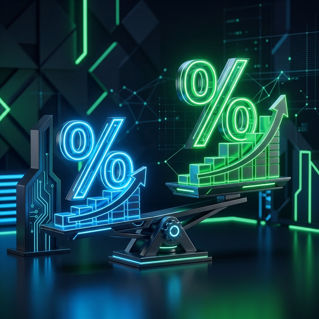 A sleek modern graphic illustrating the comparison between APR (Annual Percentage Rate) for borrowing and APY (Annual Percentage Yield) for saving.