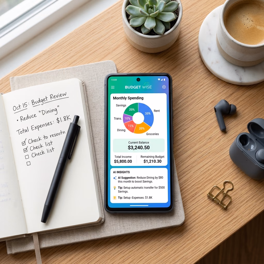 A premium flat lay image showing a sleek smartphone displaying a financial budgeting dashboard with charts and AI assistant insights, on a neat wooden desk.