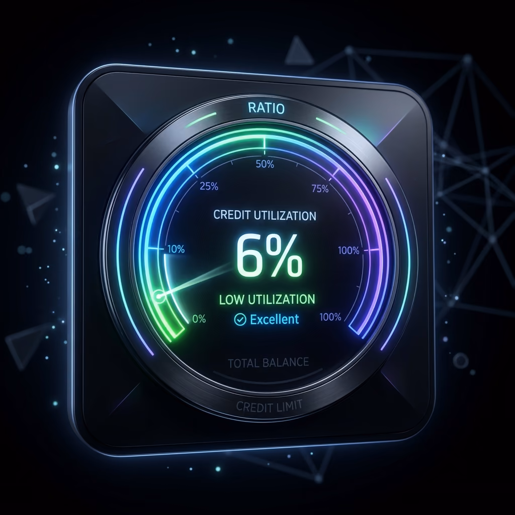 A modern, elegant 3D illustration featuring a glowing gauge representing a low credit utilization ratio of 6 percent.