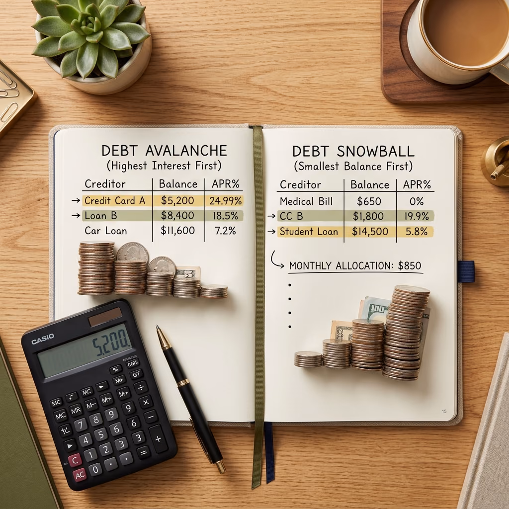 A financial editorial flat lay photograph showing a notebook with Debt Avalanche vs Debt Snowball comparison tables, stacks of coins, and a calculator on a wooden desk.