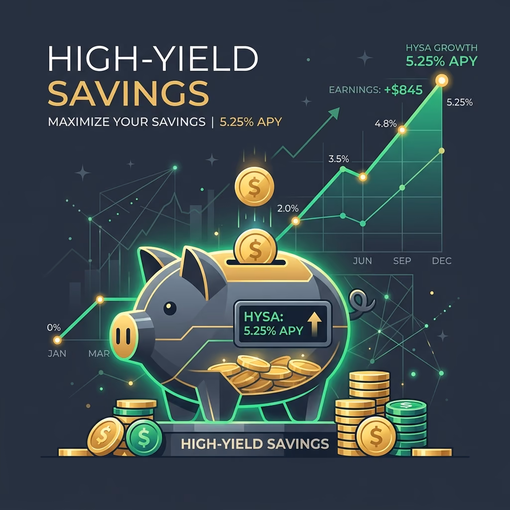 A modern digital illustration of a high-yield savings account showing rate growth and earnings.