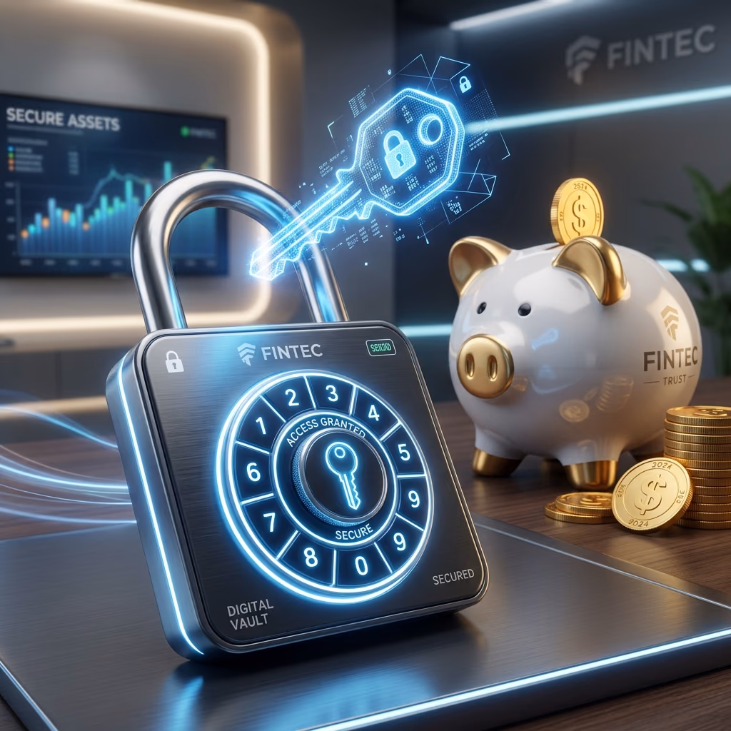 A premium 3D render of a vault combination lock and piggy bank, symbolizing access to secure assets and emergency funds.