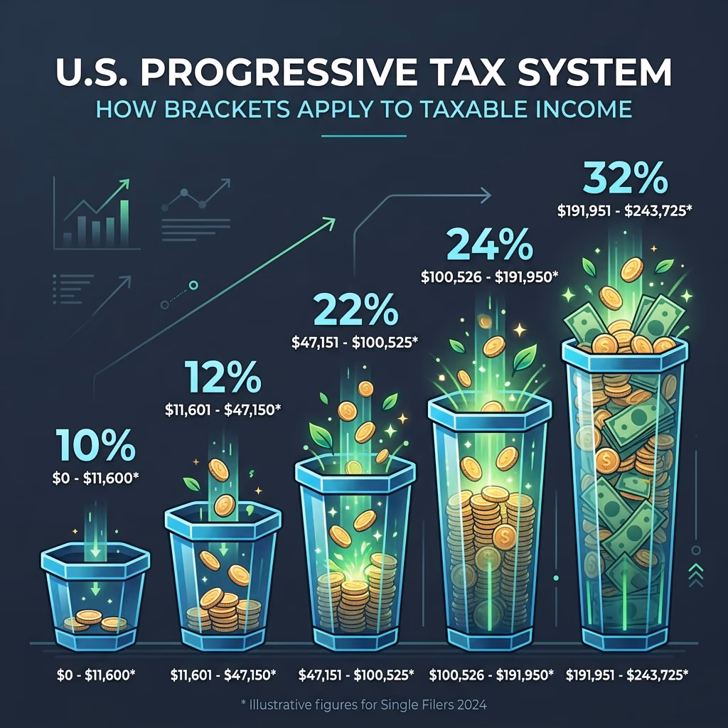 A visual infographic illustrating how progressive tax brackets apply to taxable income.