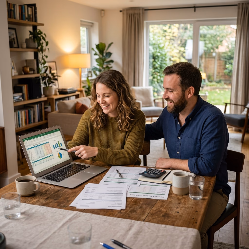 A realistic, cinematic photograph of a couple sitting together at a wooden table in a well-lit, cozy modern home, looking at a laptop and some financial documents, smiling and collaborating on their monthly budget.