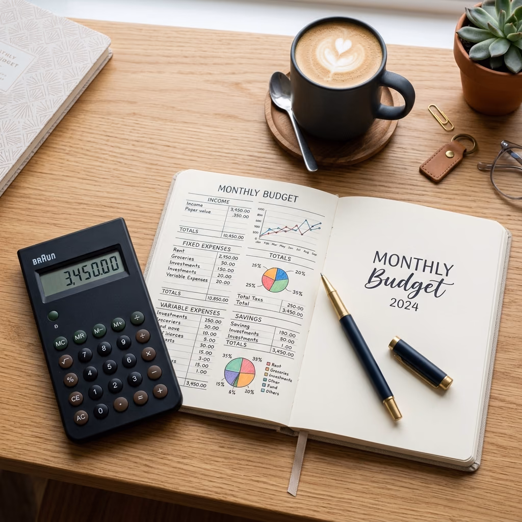 A sleek flat lay featuring a calculator, open monthly budget planner notebook, pen, and coffee on a wooden desk.