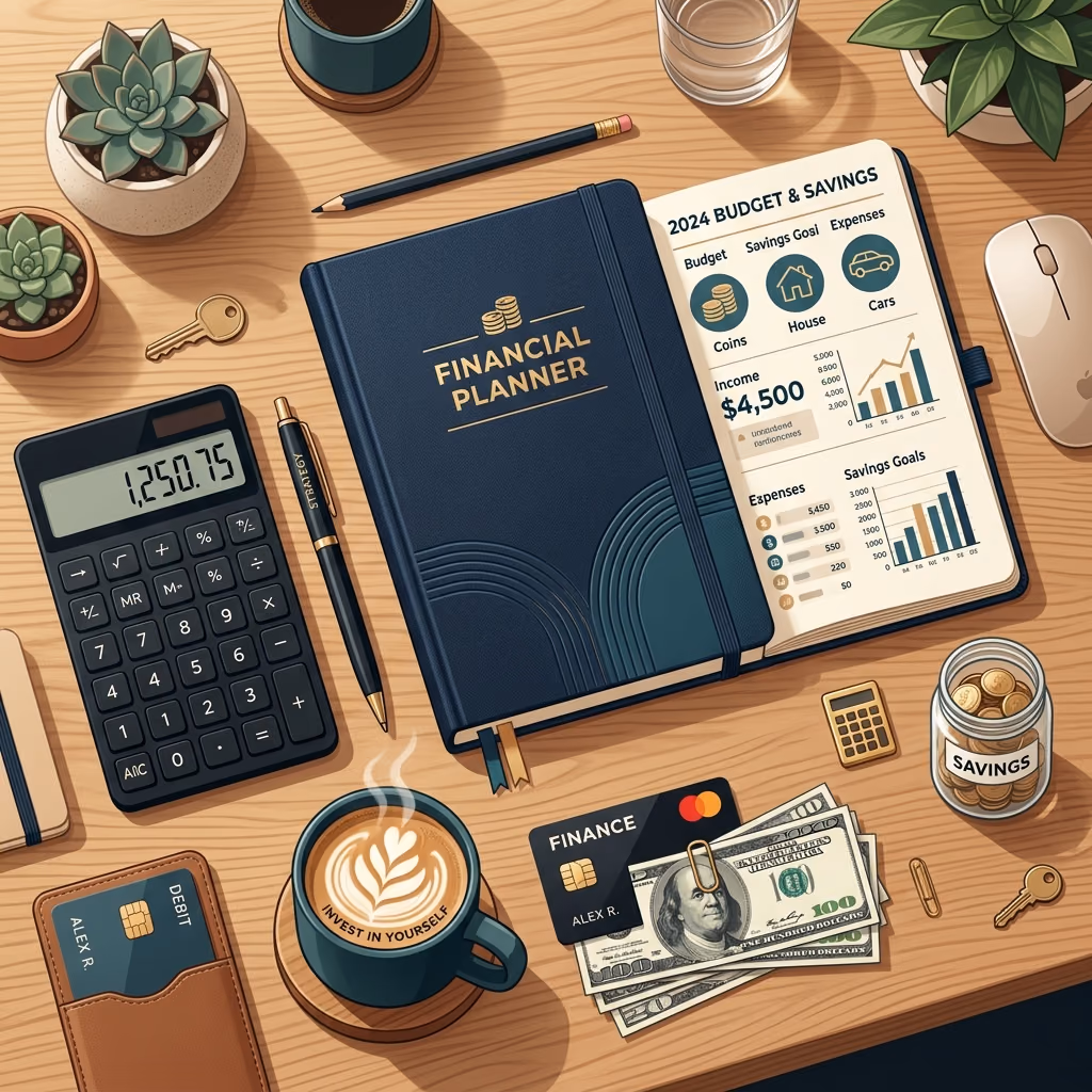 A premium flat lay image showing a sleek notebook, a calculator, and a cup of coffee representing monthly budget planning.