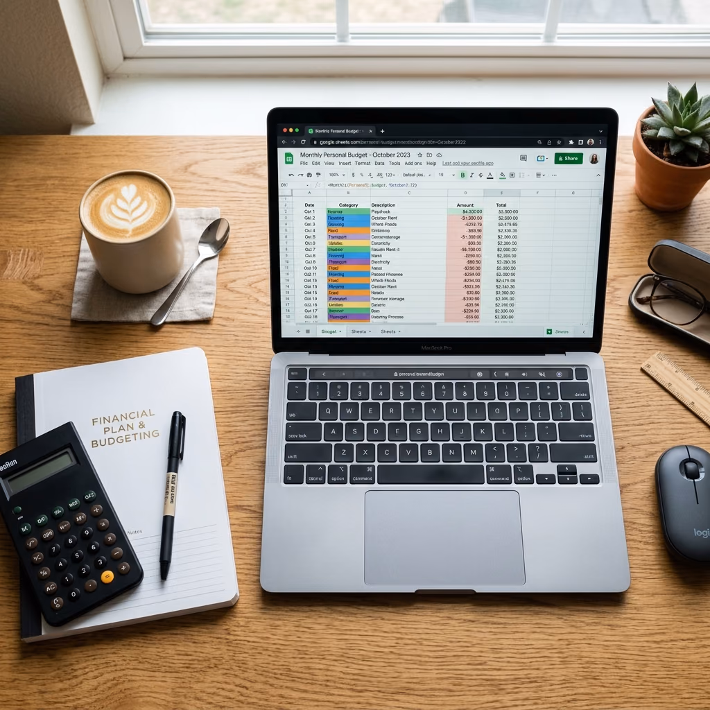 A flat lay photograph of a laptop displaying a personal budget spreadsheet in Google Sheets alongside a calculator, coffee cup, notebook, and pen on a wooden desk.