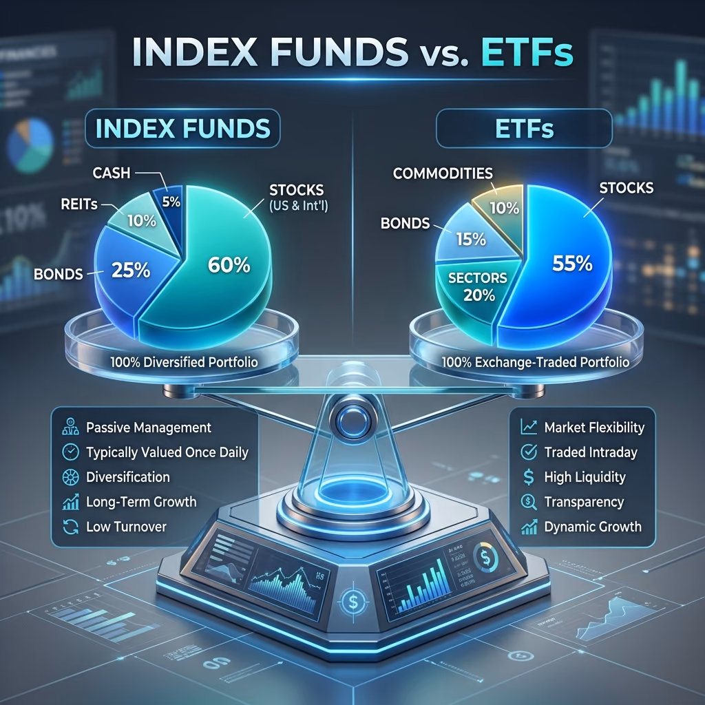 An elegant 3D financial graphic comparing Index Funds and ETFs with balanced charts and key characteristics.