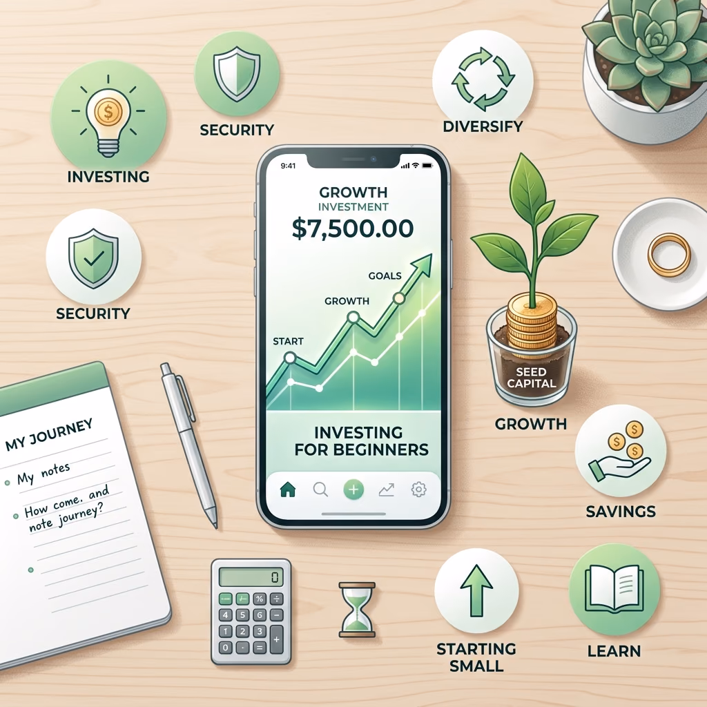 A premium flat lay digital illustration for beginner investing showing a growth chart on a smartphone, growing coins with a plant, and clean finance icons.