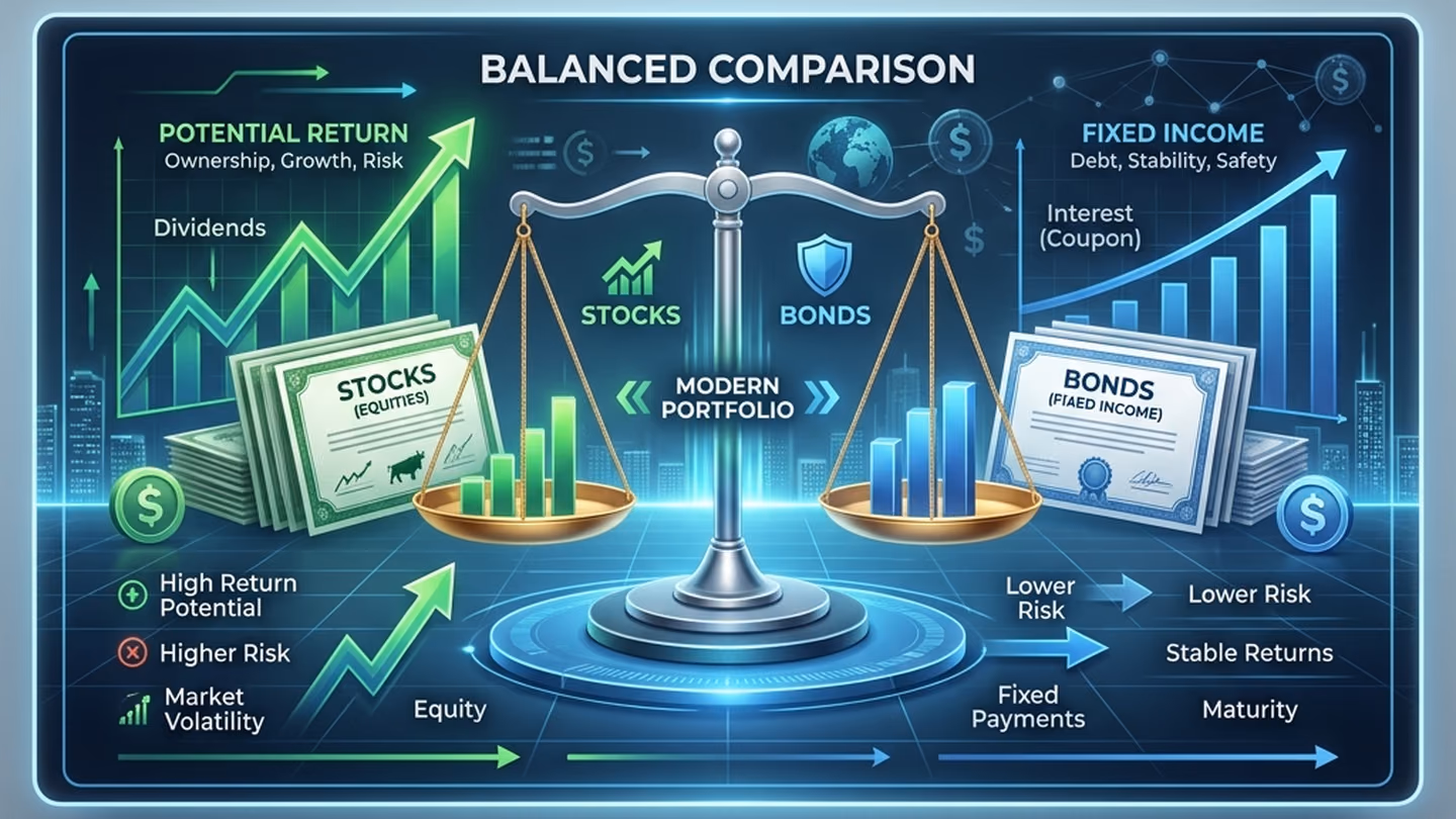 A modern, elegant 3D illustration showing a balanced comparison between stocks and bonds, with a clean and professional financial aesthetic.