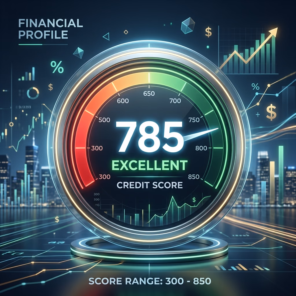 A modern, elegant 3D illustration featuring a glowing number gauge representing a credit score.