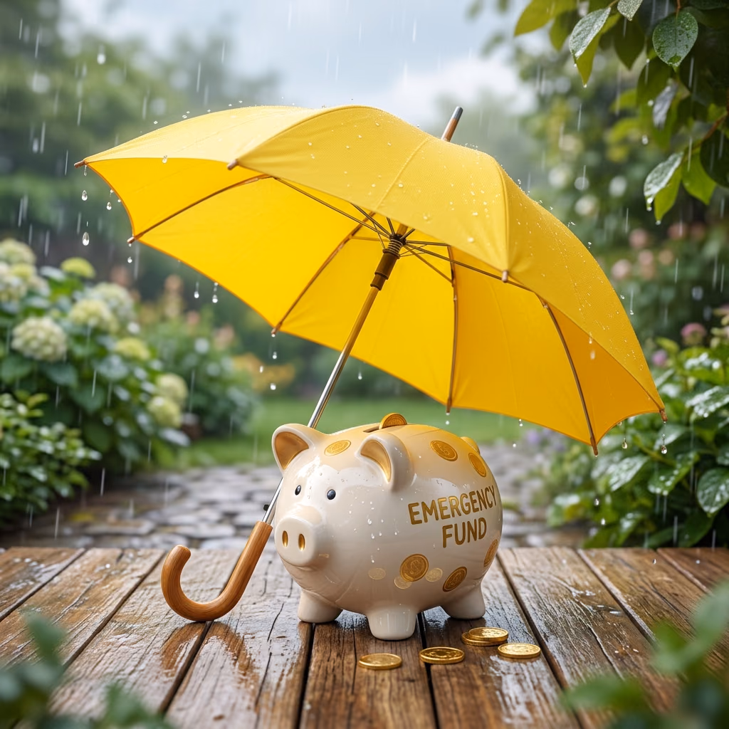 A premium 3D illustration of a ceramic piggy bank sheltered under a bright yellow umbrella representing an emergency fund.