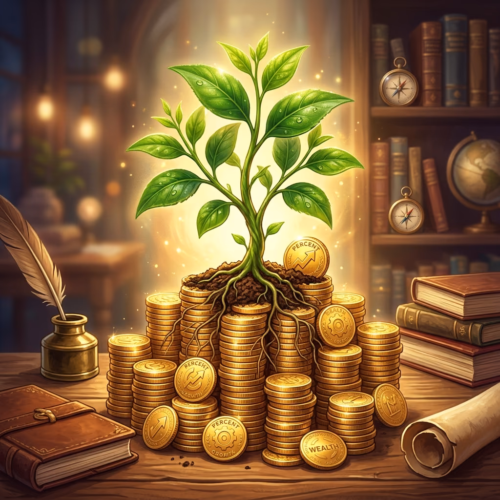 A beautiful digital illustration of a small green plant growing out of a stack of gold coins symbolizing compound interest.