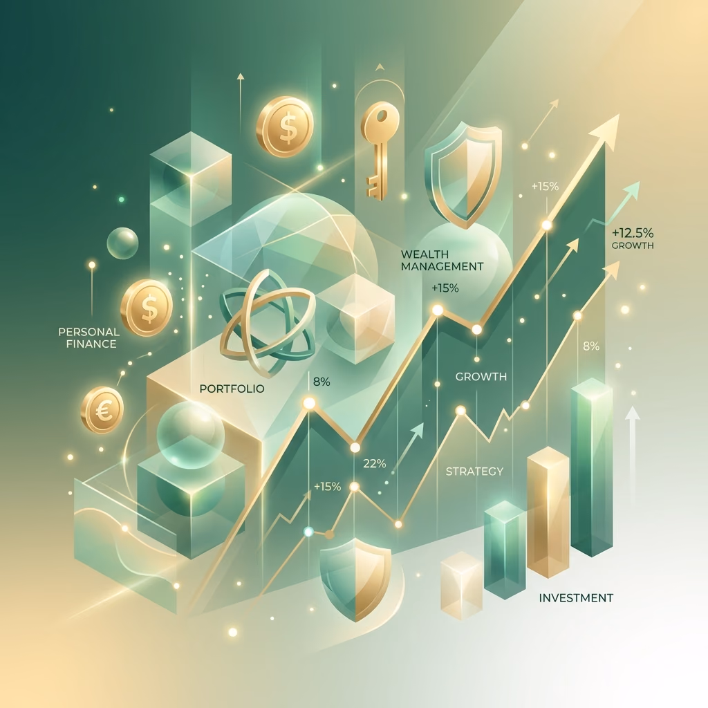 A modern, elegant abstract illustration with geometric shapes and green gradients representing personal finance and wealth management.