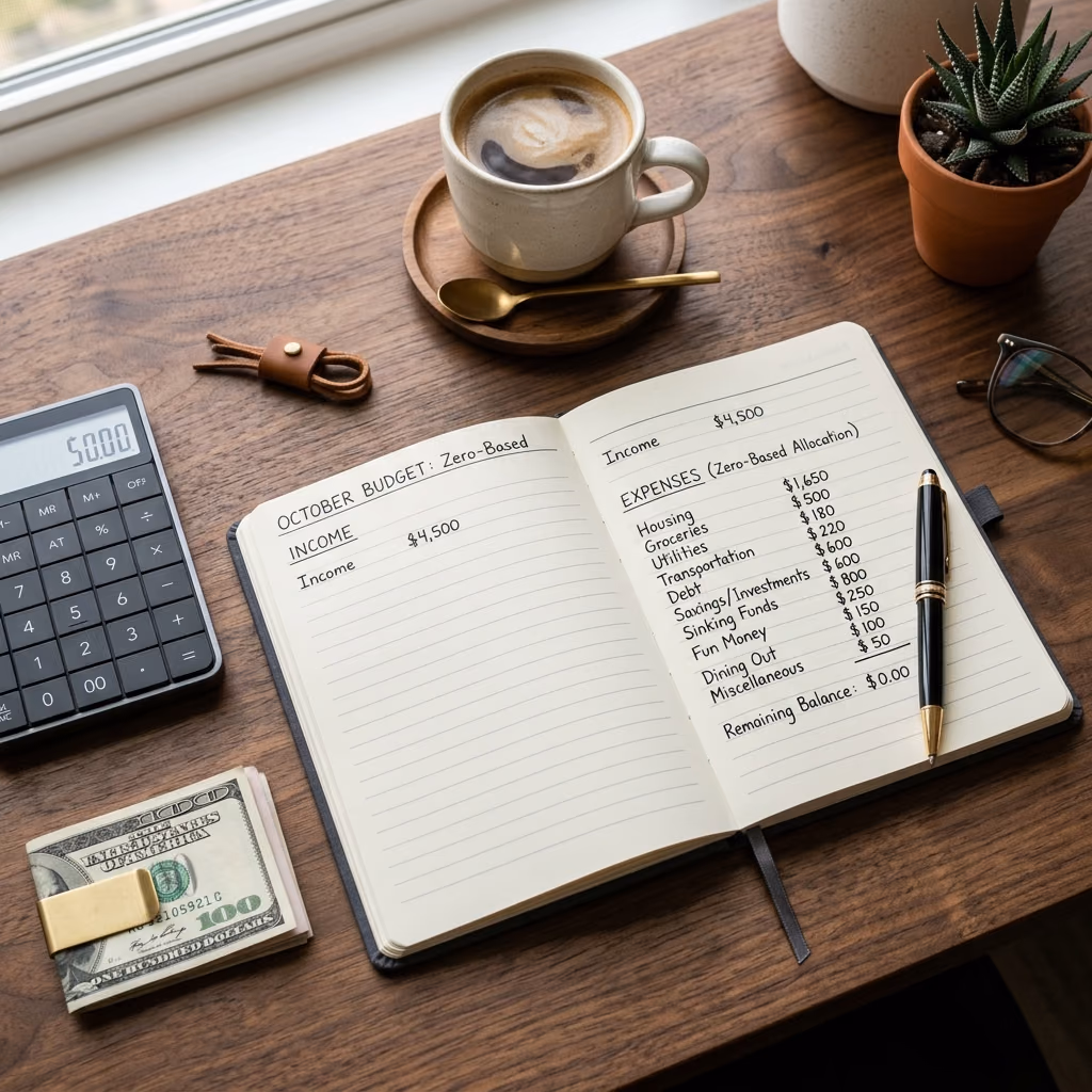 A flat lay photograph of a personal finance notebook showing a zero-based budget breakdown, accompanied by a calculator, coffee, and pen on a wooden desk.